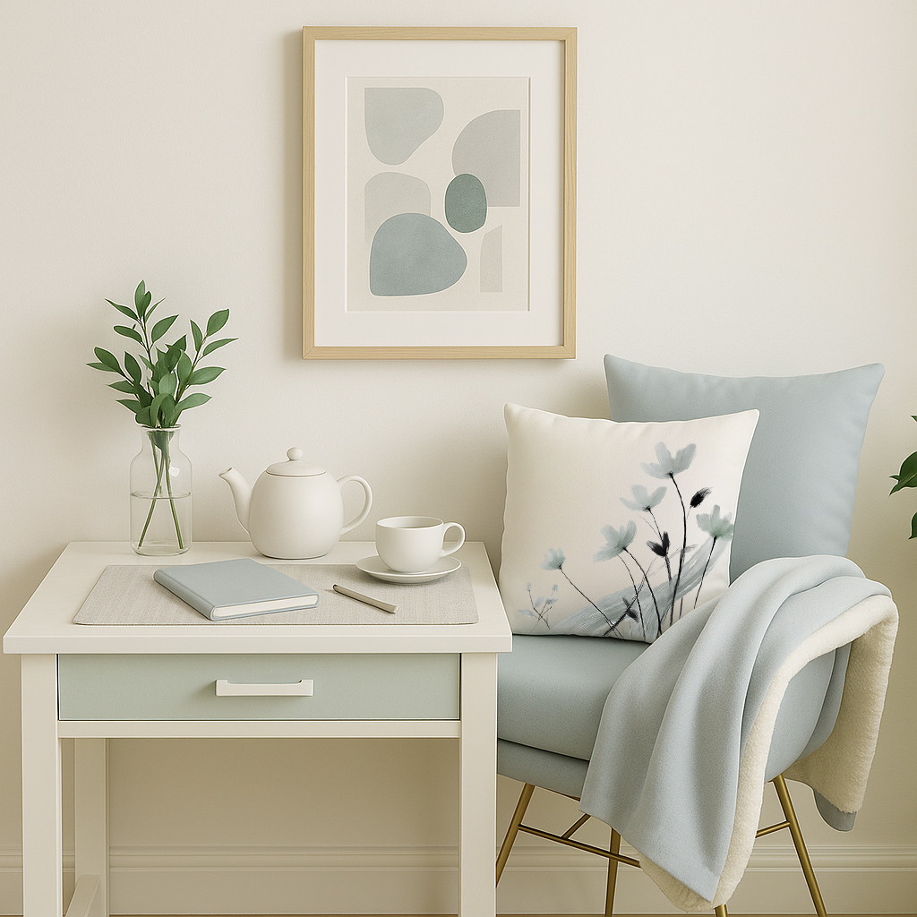 glacier mist desk with pillows