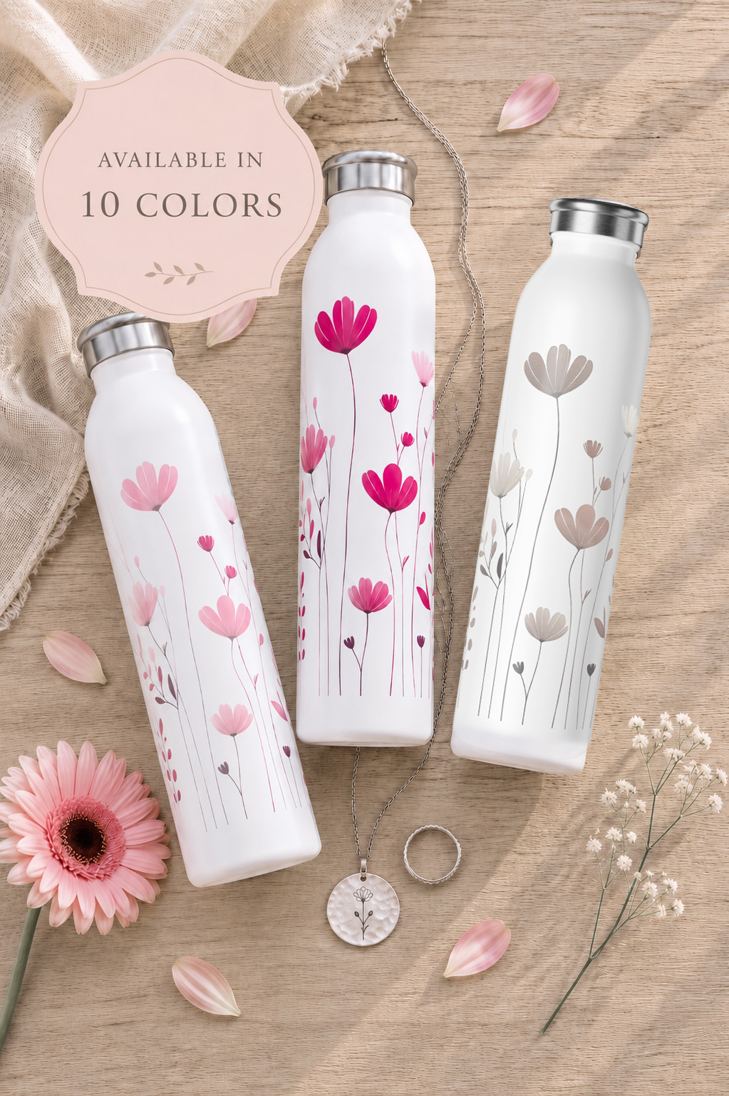 Personalized Wildflower Water Bottle | Custom Name Stainless Steel Bottle, 20oz